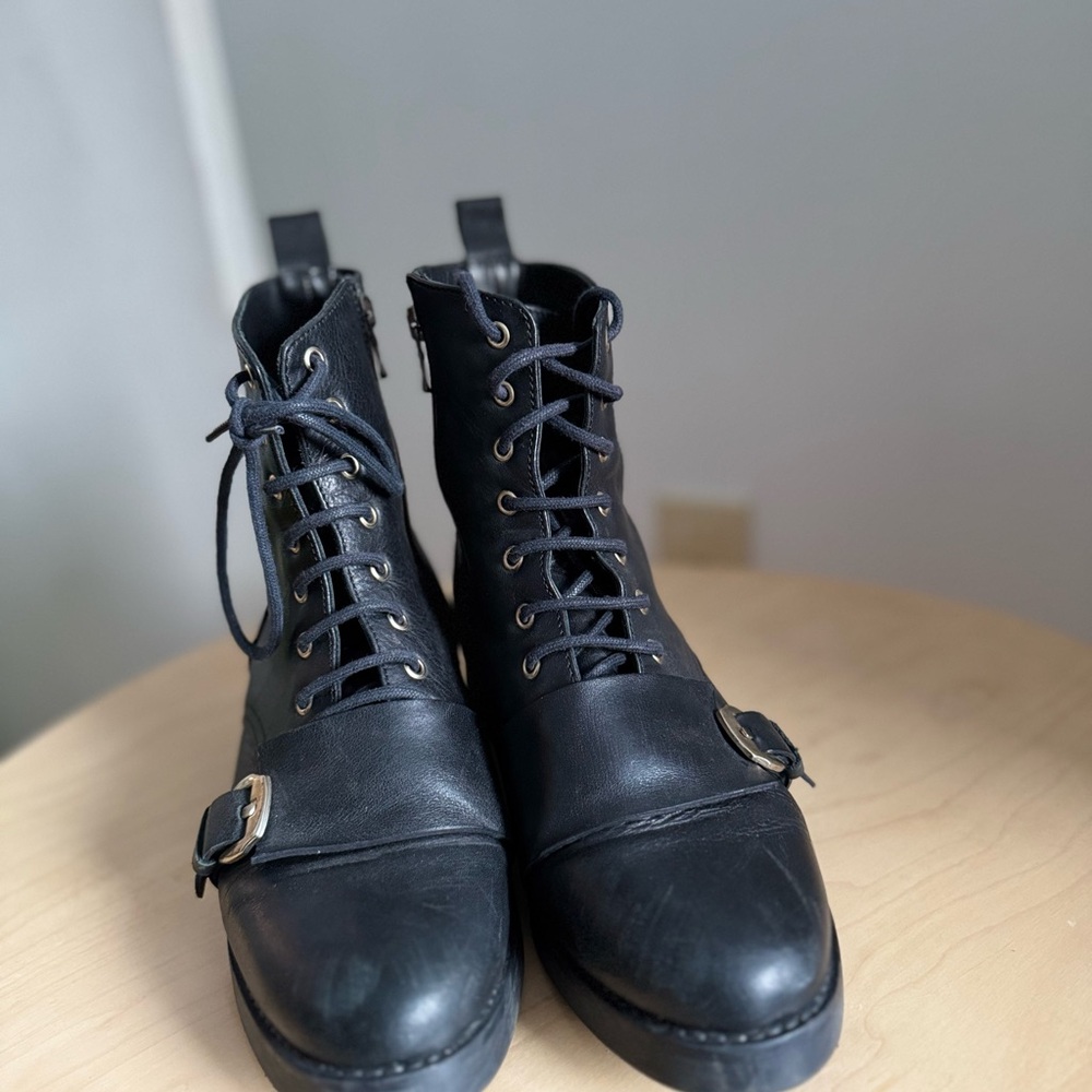 Black Leather Boots with Buckle Detail